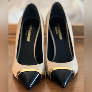 Saint Laurent Paris Napa Nude Powder and Nero Heels with Gold Accent